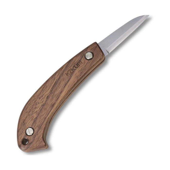 Kakuri Folding Carving Knife Wr-2 Double-Edged Type with ergonomic dark wooden handle and metal blade folded out on a white background