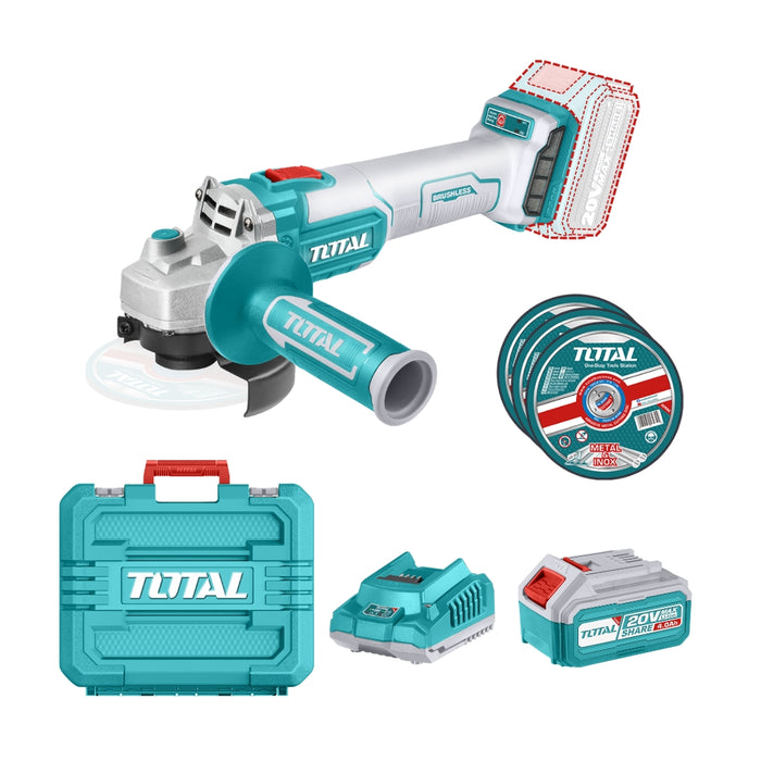 TOTAL | Cordless Angle Grinder Brushless - 20V + 4.0Ah Battery & Charger