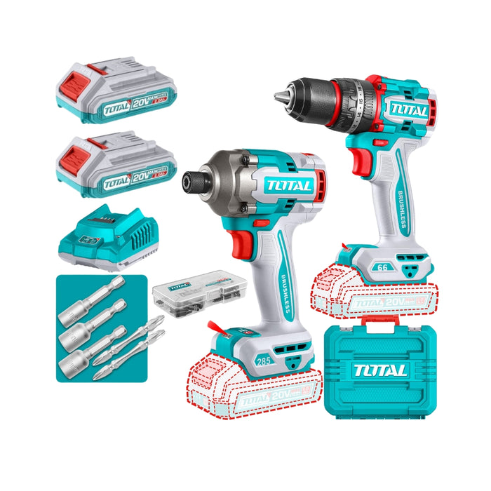 TOTAL | Cordless Impact Drill & Driver Kit - Brushless