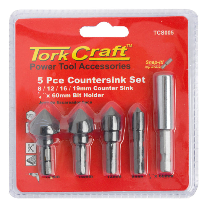 Tork Craft | Countersink Set Set Carbon (8, 12, 16, 19mm c/w Hex Shank Adaptor) 5Pc