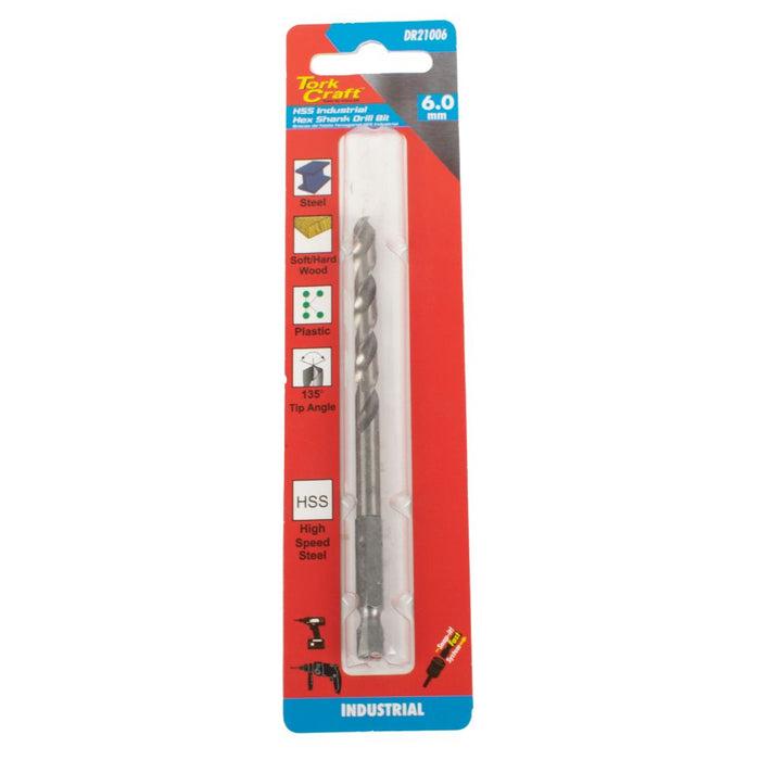 Tork Craft | Drill Bit HSS Industrial 6.0mm 135º Hex Shank 1/Card