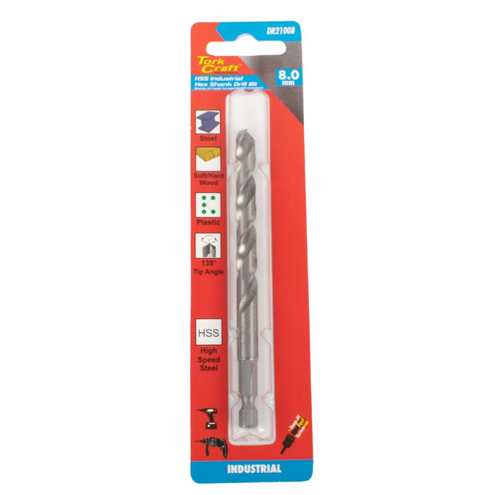 Tork Craft | Drill Bit HSS Industrial 8.0mm 135º Hex Shank 1/Card
