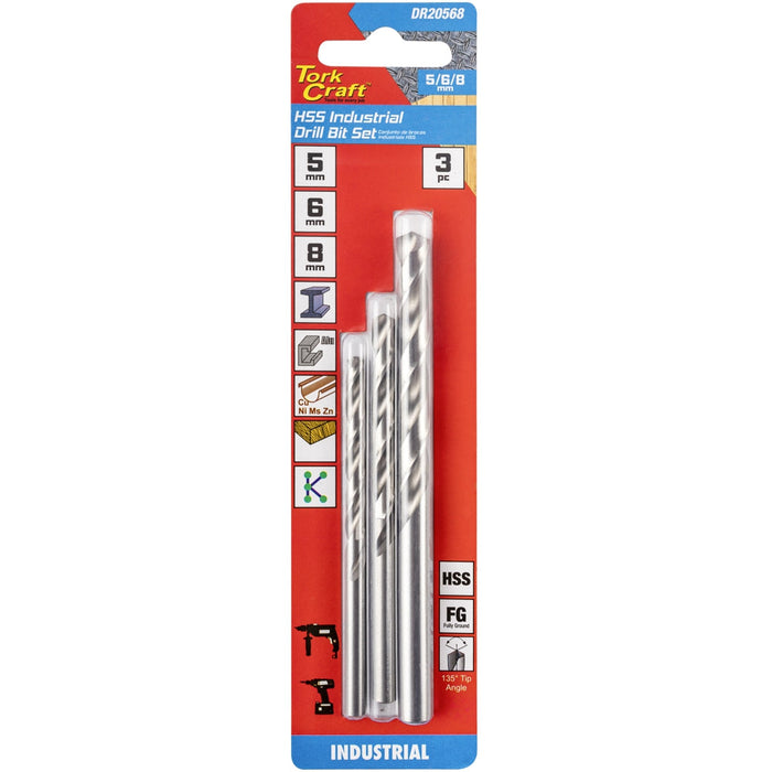 Tork Craft | Drill Bit HSS Set 5-6-8mm Industrial 135º Ground 3Pc