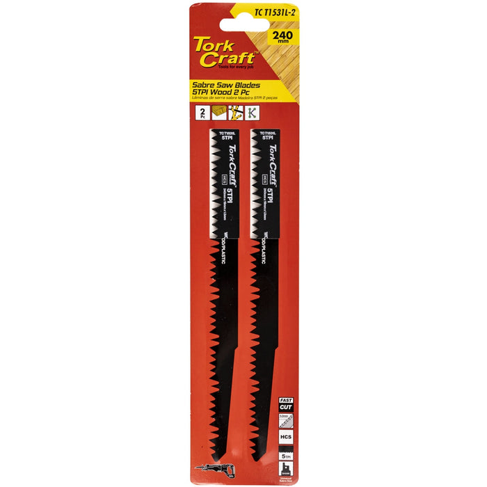 Tork Craft | Sabre Saw Blade 240 X 5mm 5tpi Wood 2Pc