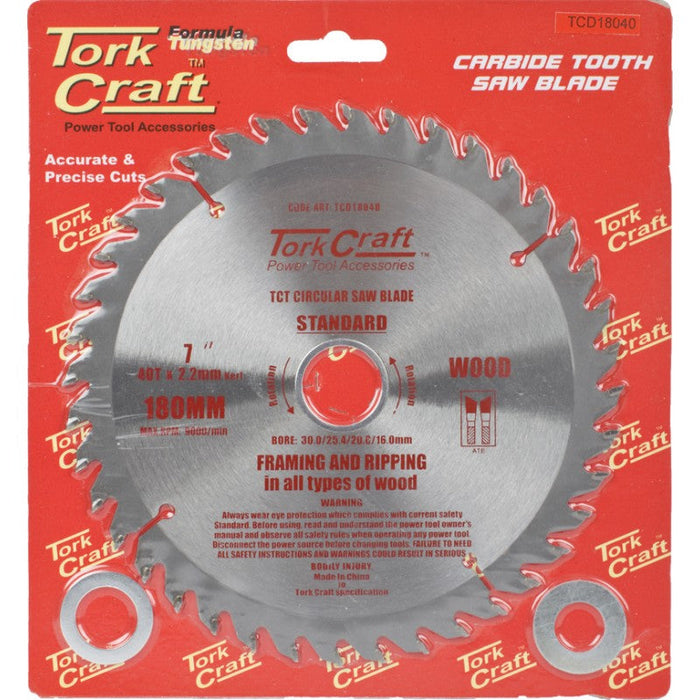 Tork Craft | Saw Blade TCT 180X40T 30/20/16mm General Purpose Combination