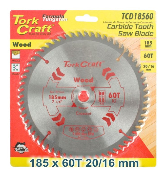 Tork Craft | Saw Blade TCT 185X60T 20/16mm General Purpose Cross Cut