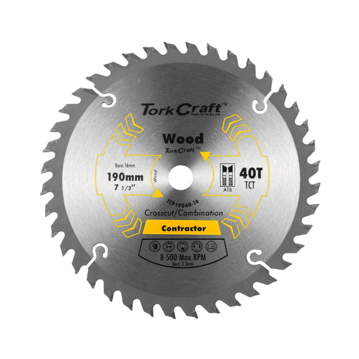 Tork Craft | Saw Blade TCT 190X40T 16mm Crosscut Combination Wood