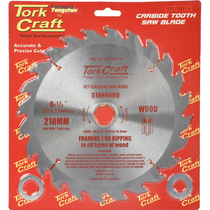 Tork Craft | Saw Blade TCT 210X24T 30/20/16mm General Purpose Rip