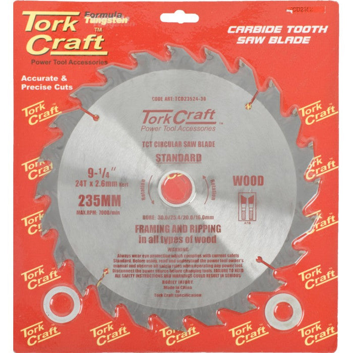 Tork Craft | Saw Blade TCT 235X24T 30/20/16mm General Purpose Rip