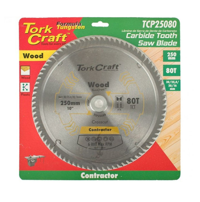 Tork Craft | Saw Blade TCT 250X80T 30/25,4/20/16mm ATB Contractor Wood