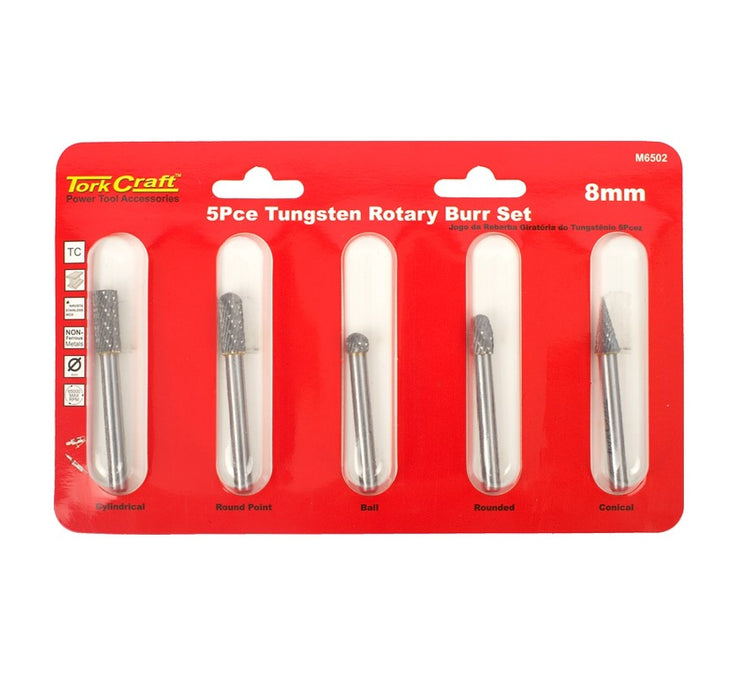 Tork Craft | Rotary Burr Set Asstd 8mm Dia. Tungsten 5Pc